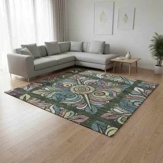 Fern Green Purple And Teal Medallion Washable Area Rug With UV Protection Photo 2