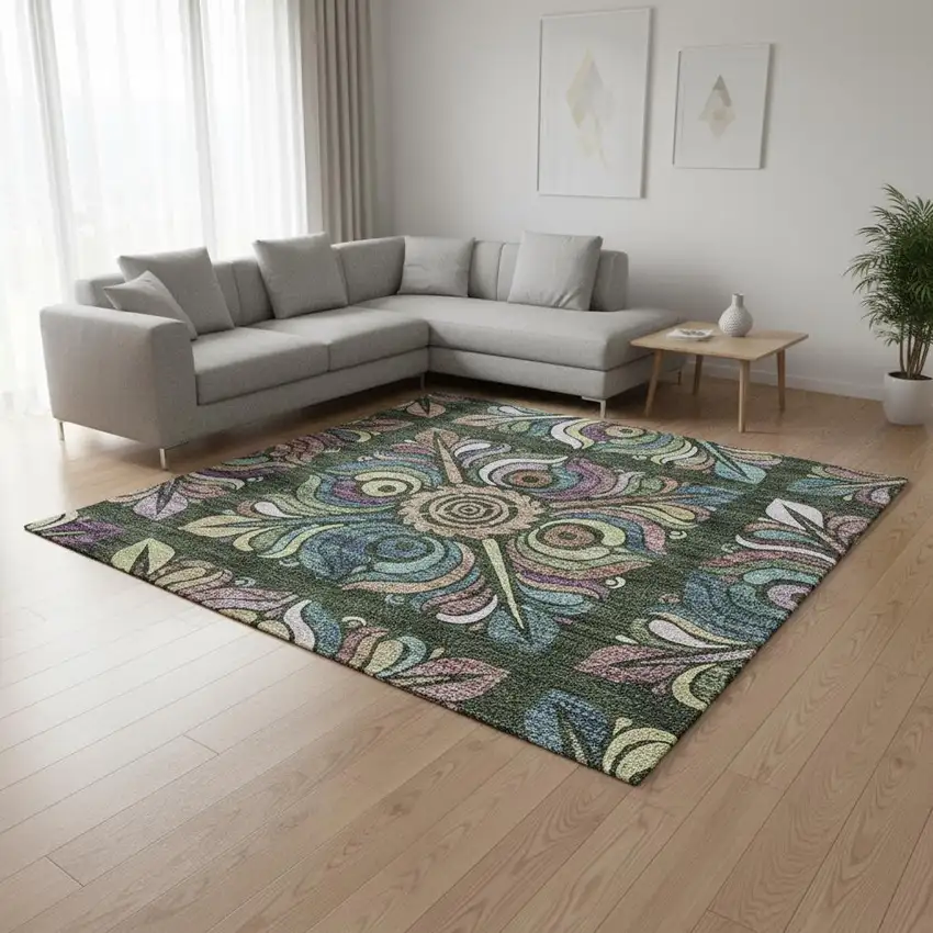 Fern Green Purple And Teal Medallion Washable Area Rug With UV Protection Photo 2