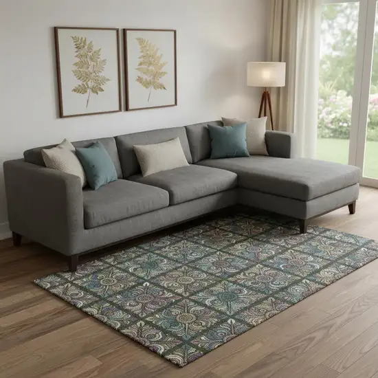 Fern Green Purple And Teal Medallion Washable Area Rug With UV Protection Photo 1