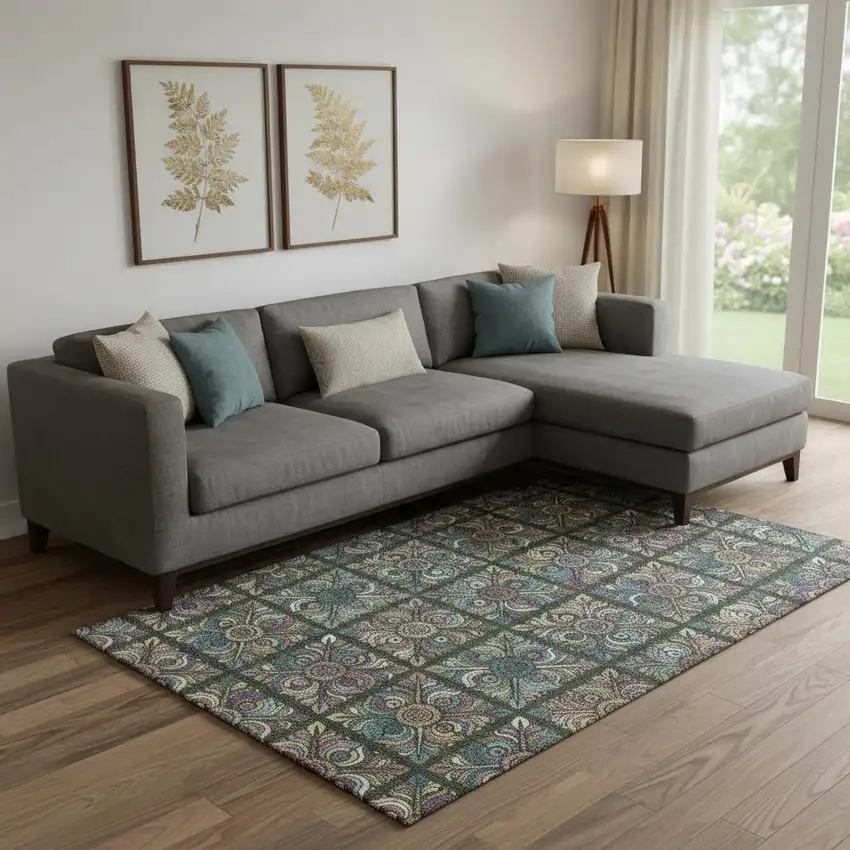 Fern Green Purple And Teal Medallion Washable Area Rug With UV Protection Photo 1