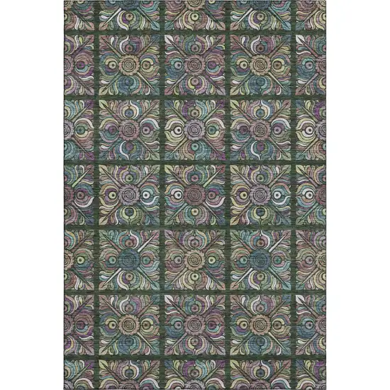 Fern Green Purple And Teal Medallion Washable Area Rug With UV Protection Photo 6