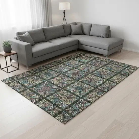 Fern Green Purple And Teal Medallion Washable Area Rug With UV Protection Photo 2