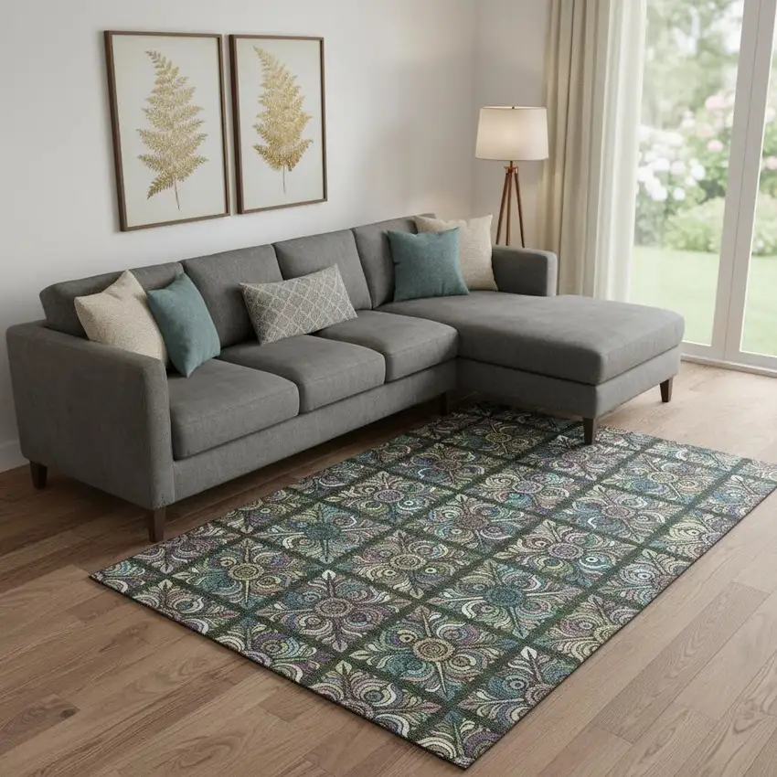 Fern Green Purple And Teal Medallion Washable Area Rug With UV Protection Photo 1