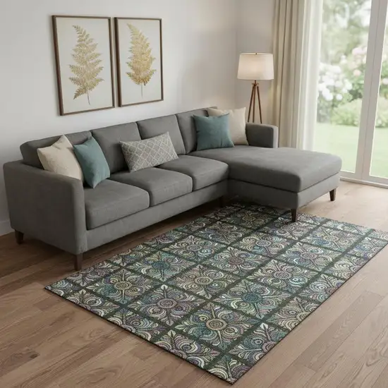 Fern Green Purple And Teal Medallion Washable Area Rug With UV Protection Photo 1