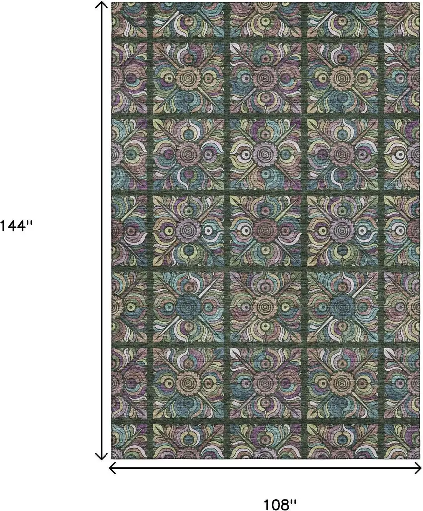 Fern Green Purple And Teal Medallion Washable Area Rug With UV Protection Photo 3