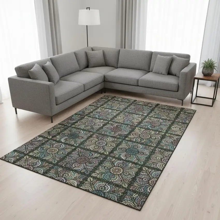 Fern Green Purple And Teal Medallion Washable Area Rug With UV Protection Photo 2