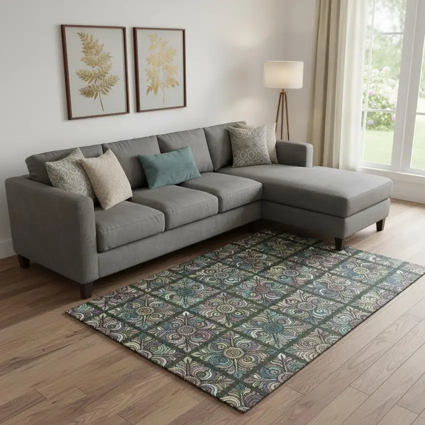 Fern Green Purple And Teal Medallion Washable Area Rug With UV Protection Photo 1