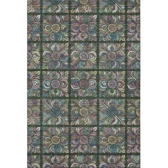 Fern Green Purple And Teal Medallion Washable Area Rug With UV Protection Photo 3