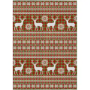 Photo of Fern Green Red And Ivory Animal Print Washable Indoor Outdoor Area Rug