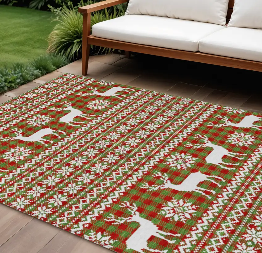 Fern Green Red And Ivory Animal Print Washable Indoor Outdoor Area Rug Photo 2