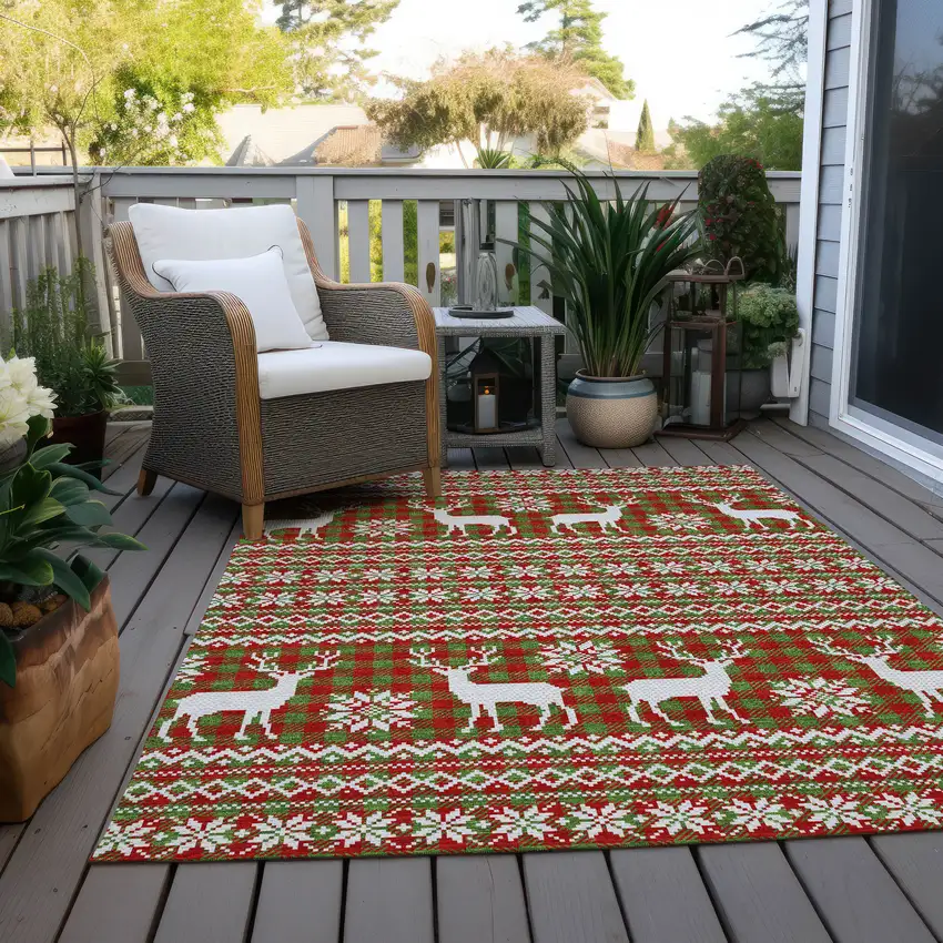 Fern Green Red And Ivory Animal Print Washable Indoor Outdoor Area Rug Photo 8