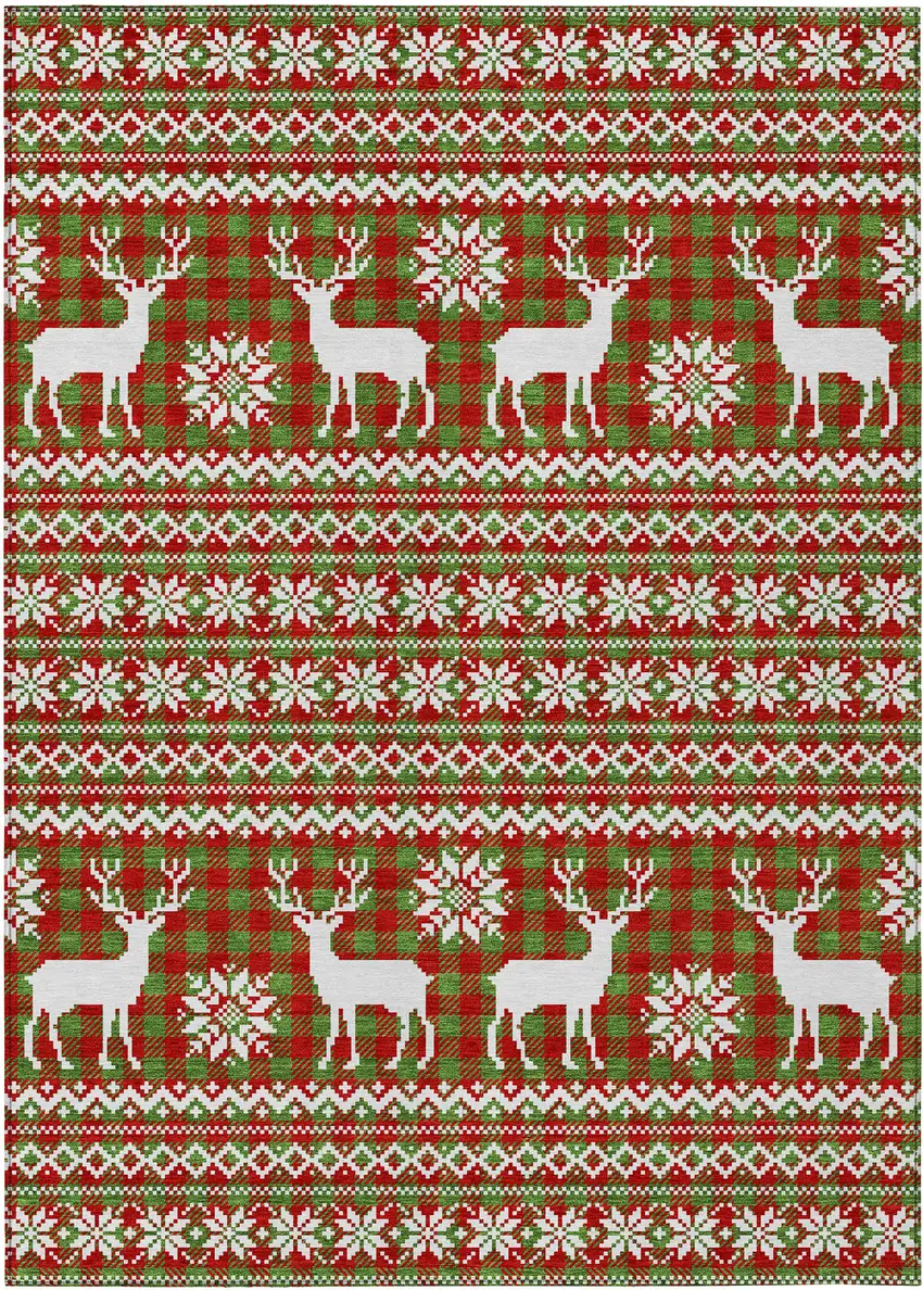 Fern Green Red And Ivory Animal Print Washable Indoor Outdoor Area Rug Photo 1