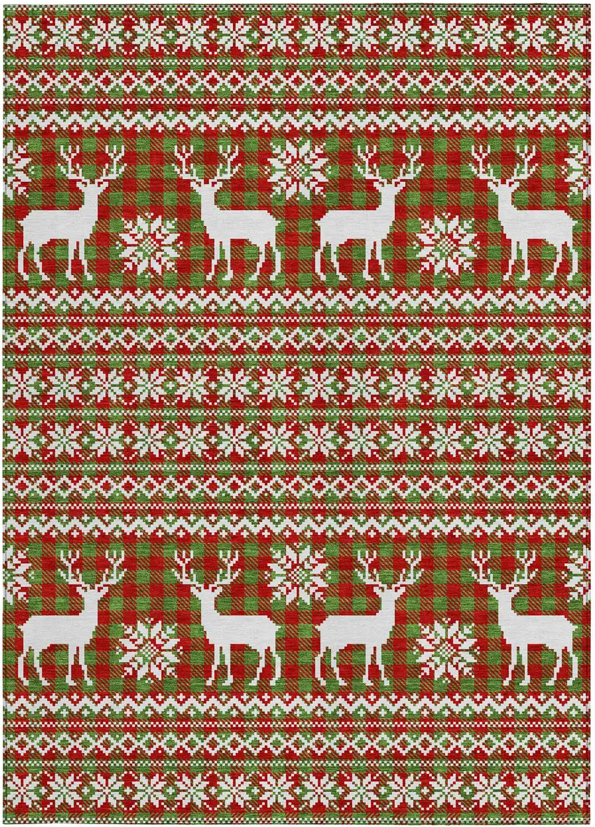 Fern Green Red And Ivory Animal Print Washable Indoor Outdoor Area Rug Photo 4