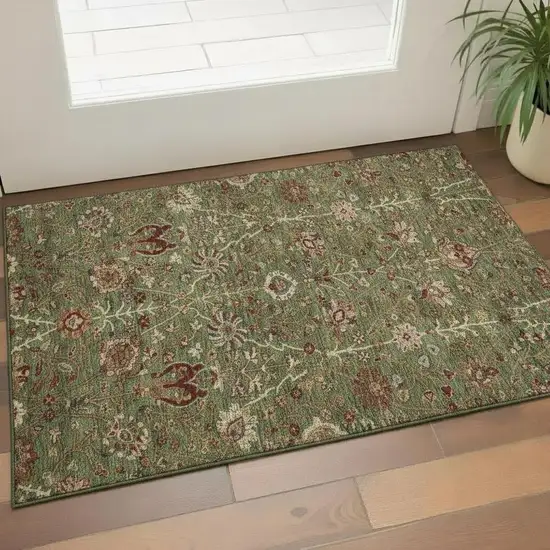 Fern Green Red And Ivory Floral Washable Area Rug With UV Protection Photo 2