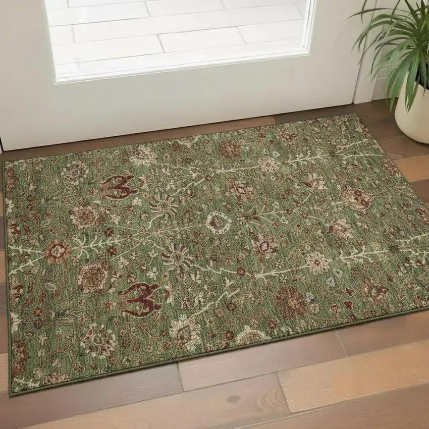 Fern Green Red And Ivory Floral Washable Area Rug With UV Protection Photo 2