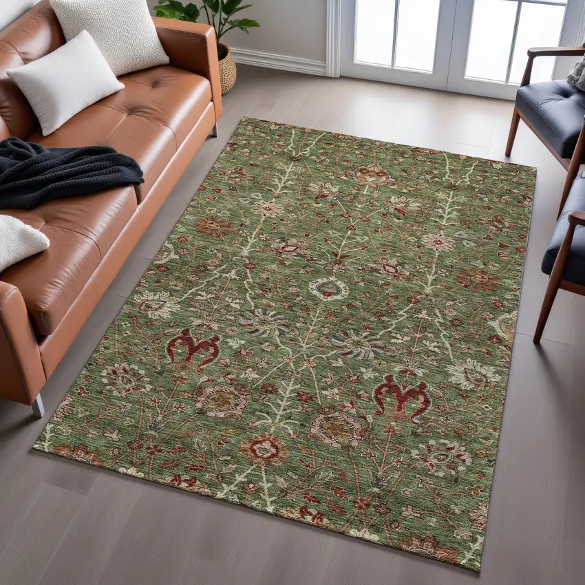 Fern Green Red And Ivory Floral Washable Area Rug With UV Protection Photo 4