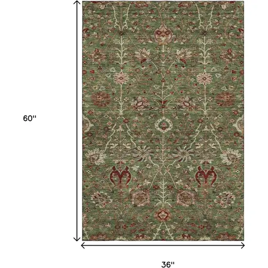 Fern Green Red And Ivory Floral Washable Area Rug With UV Protection Photo 9