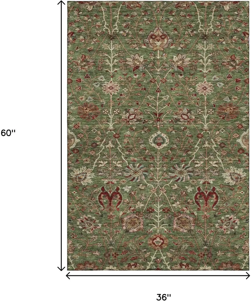 Fern Green Red And Ivory Floral Washable Area Rug With UV Protection Photo 9