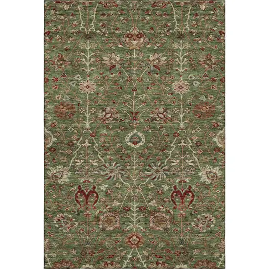 Fern Green Red And Ivory Floral Washable Area Rug With UV Protection Photo 1