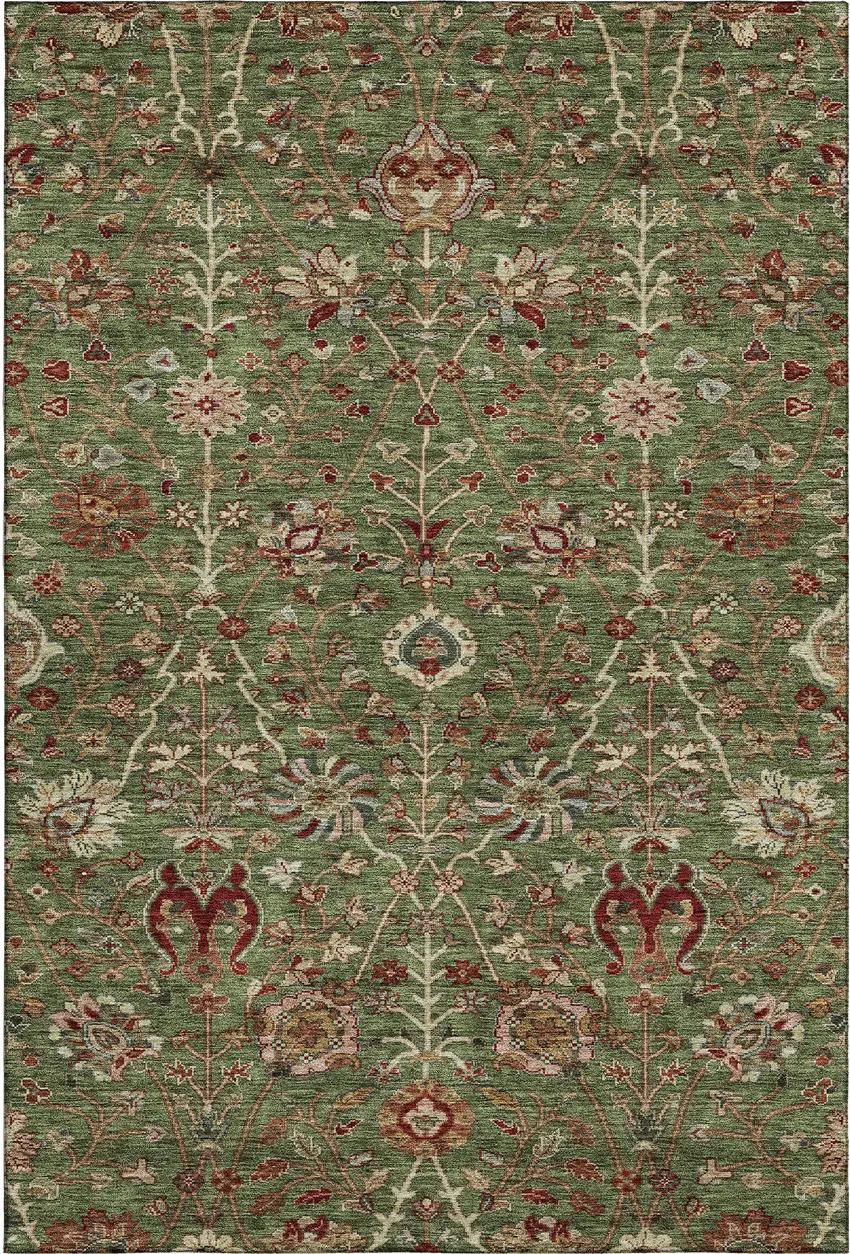 Fern Green Red And Ivory Floral Washable Area Rug With UV Protection Photo 1