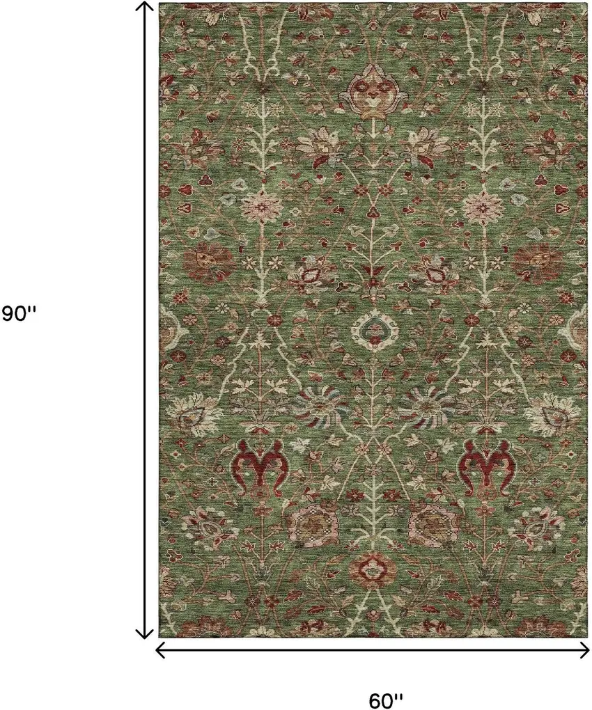 Fern Green Red And Ivory Floral Washable Area Rug With UV Protection Photo 9