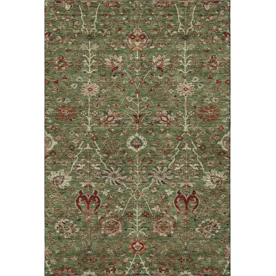 Fern Green Red And Ivory Floral Washable Area Rug With UV Protection Photo 2