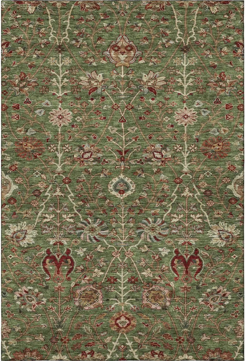 Fern Green Red And Ivory Floral Washable Area Rug With UV Protection Photo 2