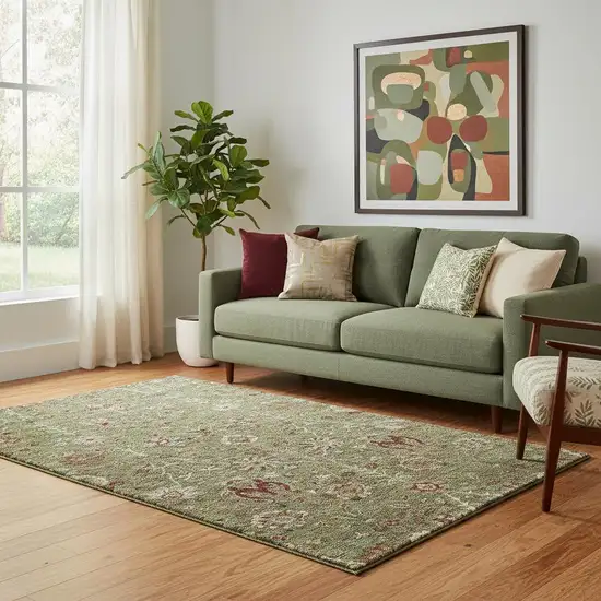 Fern Green Red And Ivory Floral Washable Area Rug With UV Protection Photo 2