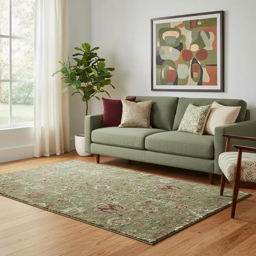 Fern Green Red And Ivory Floral Washable Area Rug With UV Protection Photo 2