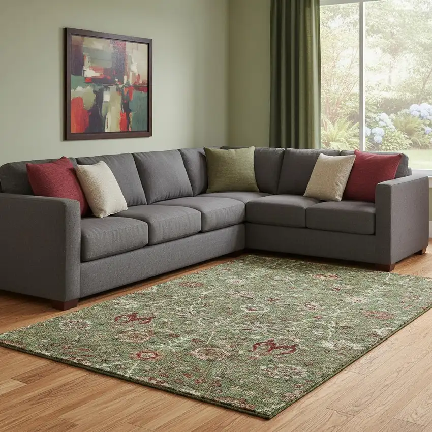 Fern Green Red And Ivory Floral Washable Area Rug With UV Protection Photo 2