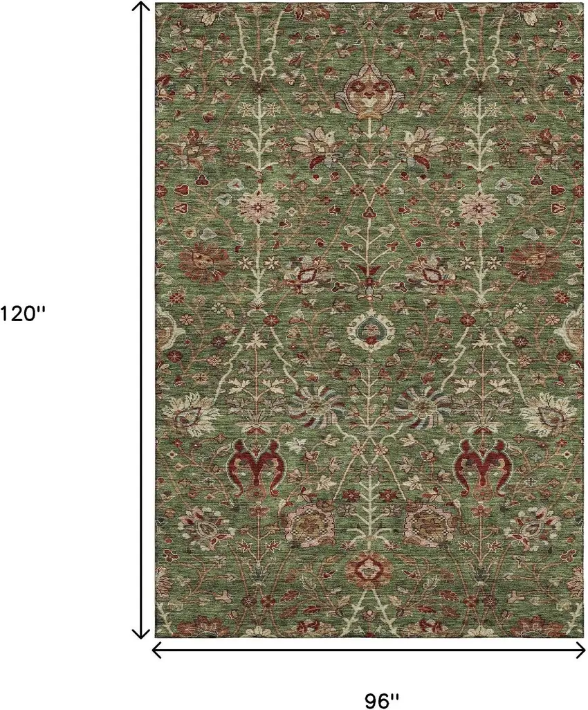 Fern Green Red And Ivory Floral Washable Area Rug With UV Protection Photo 9