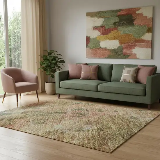 Fern Green Rust And Copper Abstract Washable Area Rug With UV Protection Photo 2