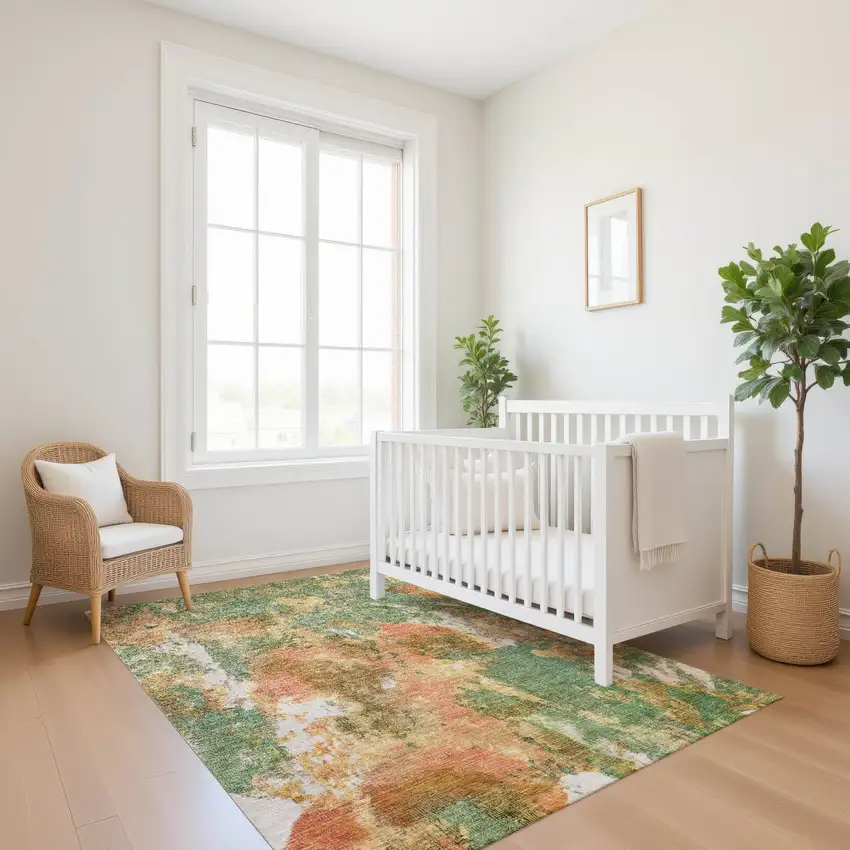 Fern Green Rust And Copper Abstract Washable Area Rug With UV Protection Photo 4