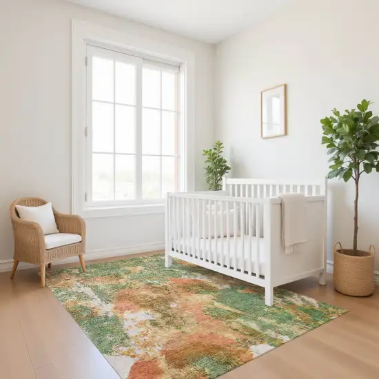 Fern Green Rust And Copper Abstract Washable Area Rug With UV Protection Photo 3