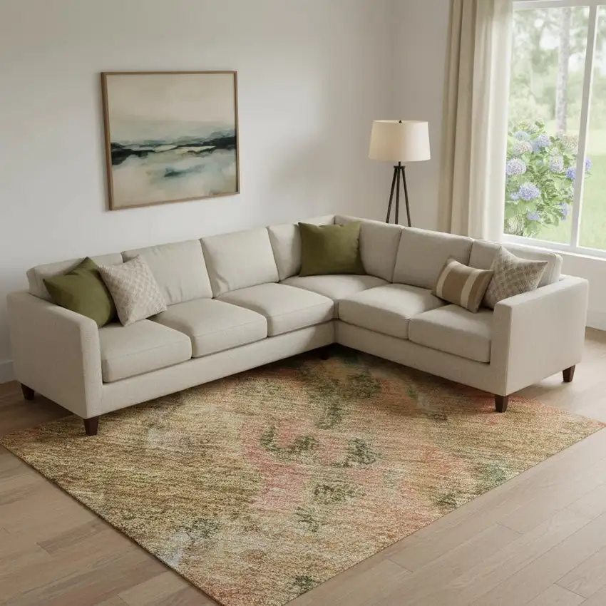 Fern Green Rust And Copper Abstract Washable Area Rug With UV Protection Photo 2