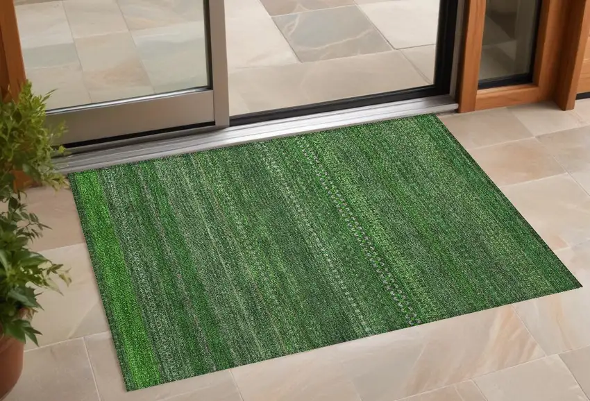 Fern Green Striped Washable Non Skid Indoor Outdoor Area Rug Photo 1