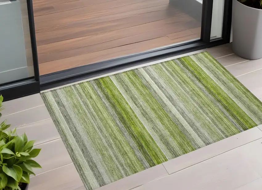 Fern Green Striped Washable Non Skid Indoor Outdoor Area Rug Photo 1