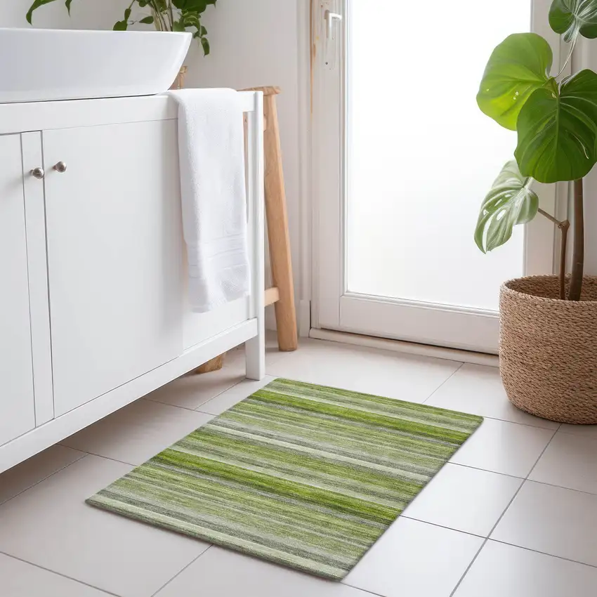 Fern Green Striped Washable Non Skid Indoor Outdoor Area Rug Photo 8