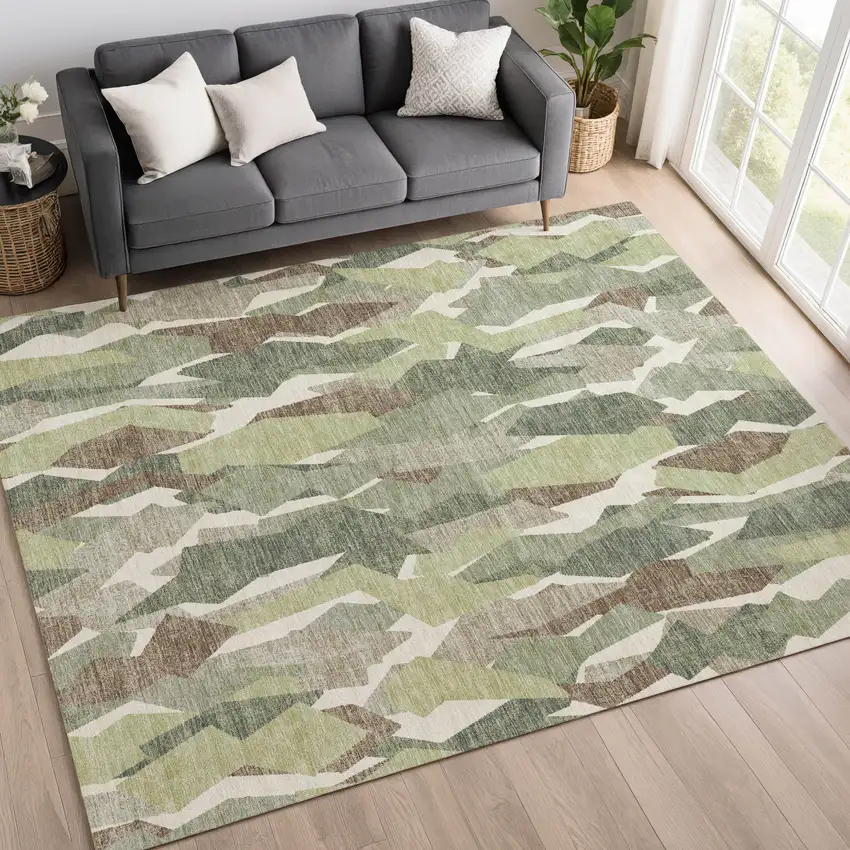 Fern Green Tan And Ivory Striped Washable Indoor Outdoor Area Rug Photo 9