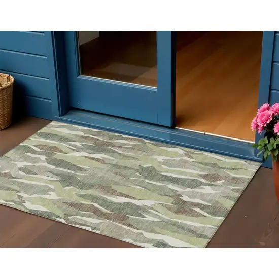 Fern Green Tan And Ivory Striped Washable Indoor Outdoor Area Rug Photo 1