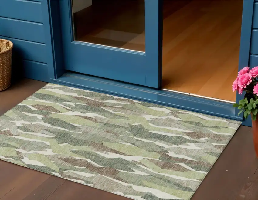 Fern Green Tan And Ivory Striped Washable Indoor Outdoor Area Rug Photo 1