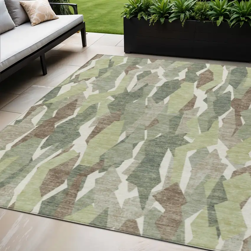 Fern Green Tan And Ivory Striped Washable Indoor Outdoor Area Rug Photo 1