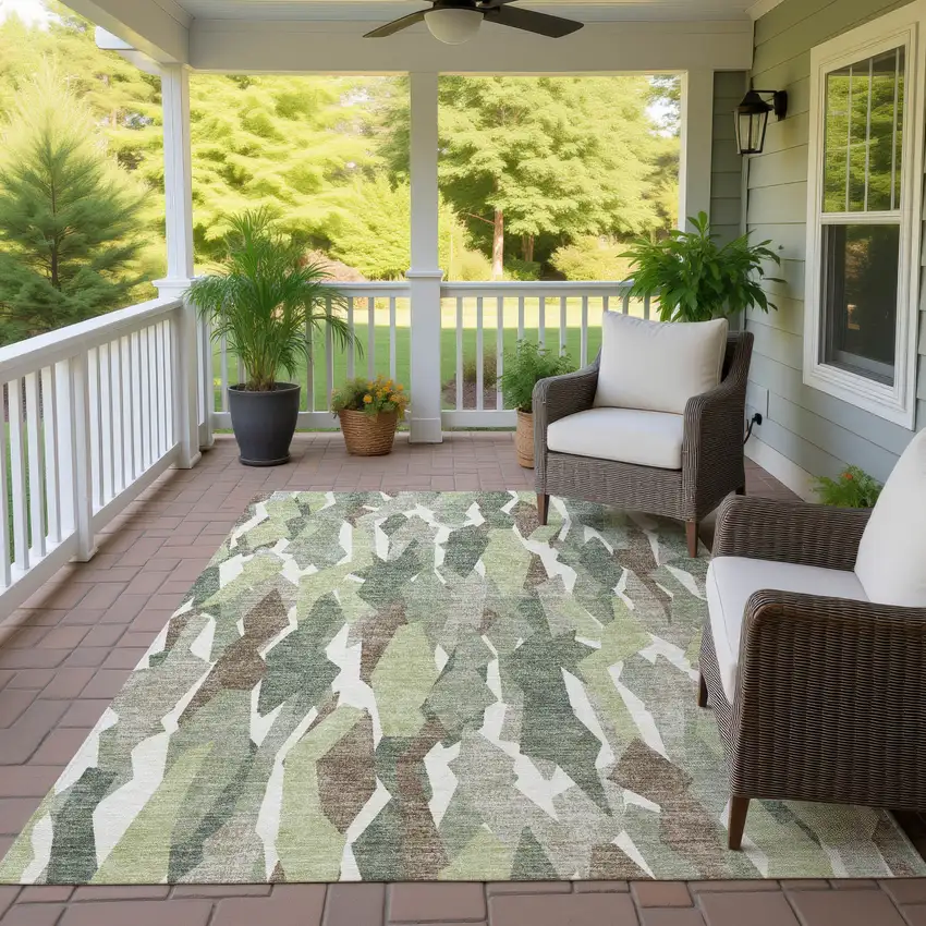 Fern Green Tan And Ivory Striped Washable Indoor Outdoor Area Rug Photo 9