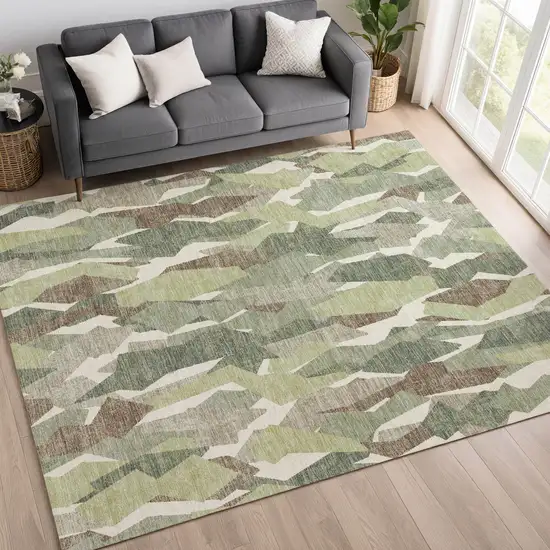 Fern Green Tan And Ivory Striped Washable Indoor Outdoor Area Rug Photo 9