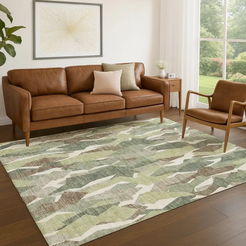 Fern Green Tan And Ivory Striped Washable Indoor Outdoor Area Rug Photo 8