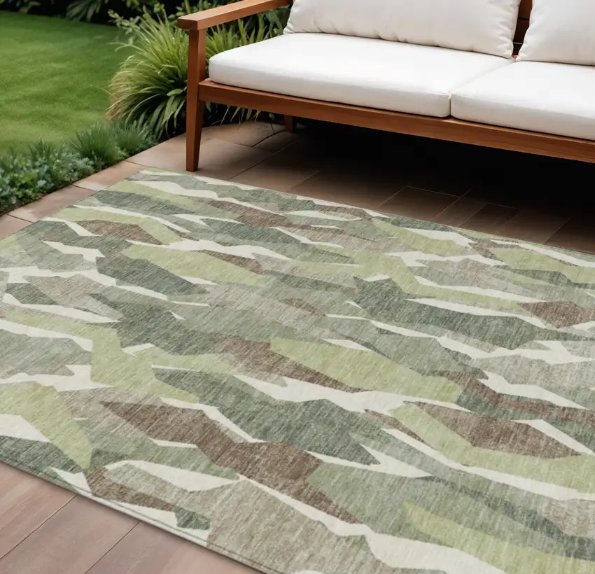 Fern Green Tan And Ivory Striped Washable Indoor Outdoor Area Rug Photo 1