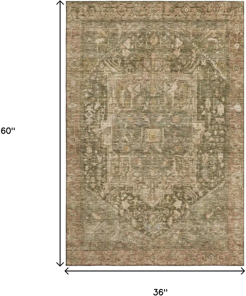 Fern Green Wheat And Copper Oriental Washable Area Rug With UV Protection Photo 3