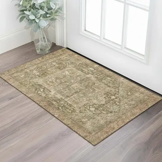 Fern Green Wheat And Copper Oriental Washable Area Rug With UV Protection Photo 2