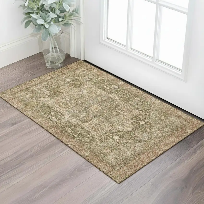 Fern Green Wheat And Copper Oriental Washable Area Rug With UV Protection Photo 2