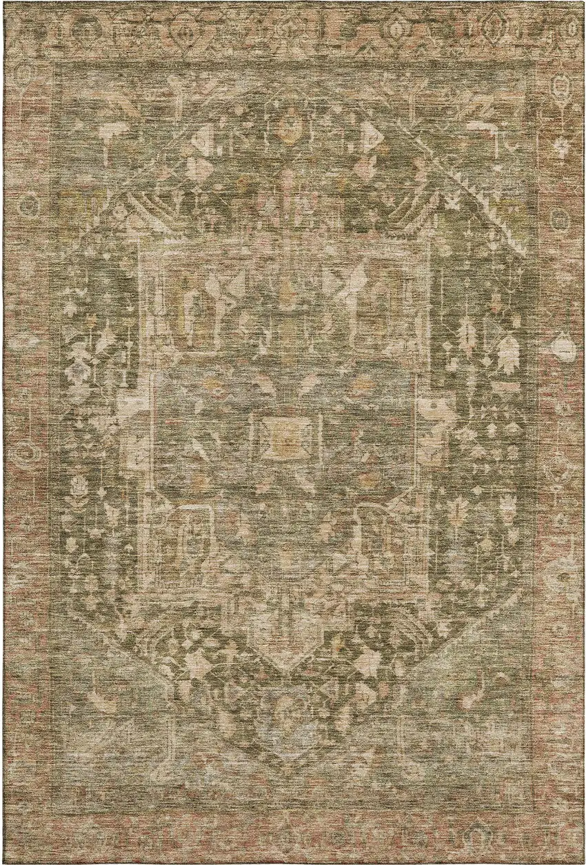 Fern Green Wheat And Copper Oriental Washable Area Rug With UV Protection Photo 1